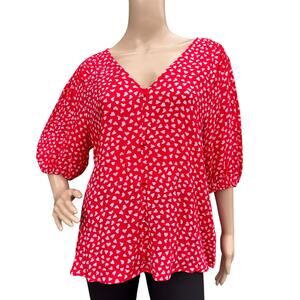 W5 Women Red White Heart Dots Lightweight Puff Sleeves V-neck Blouse Size L